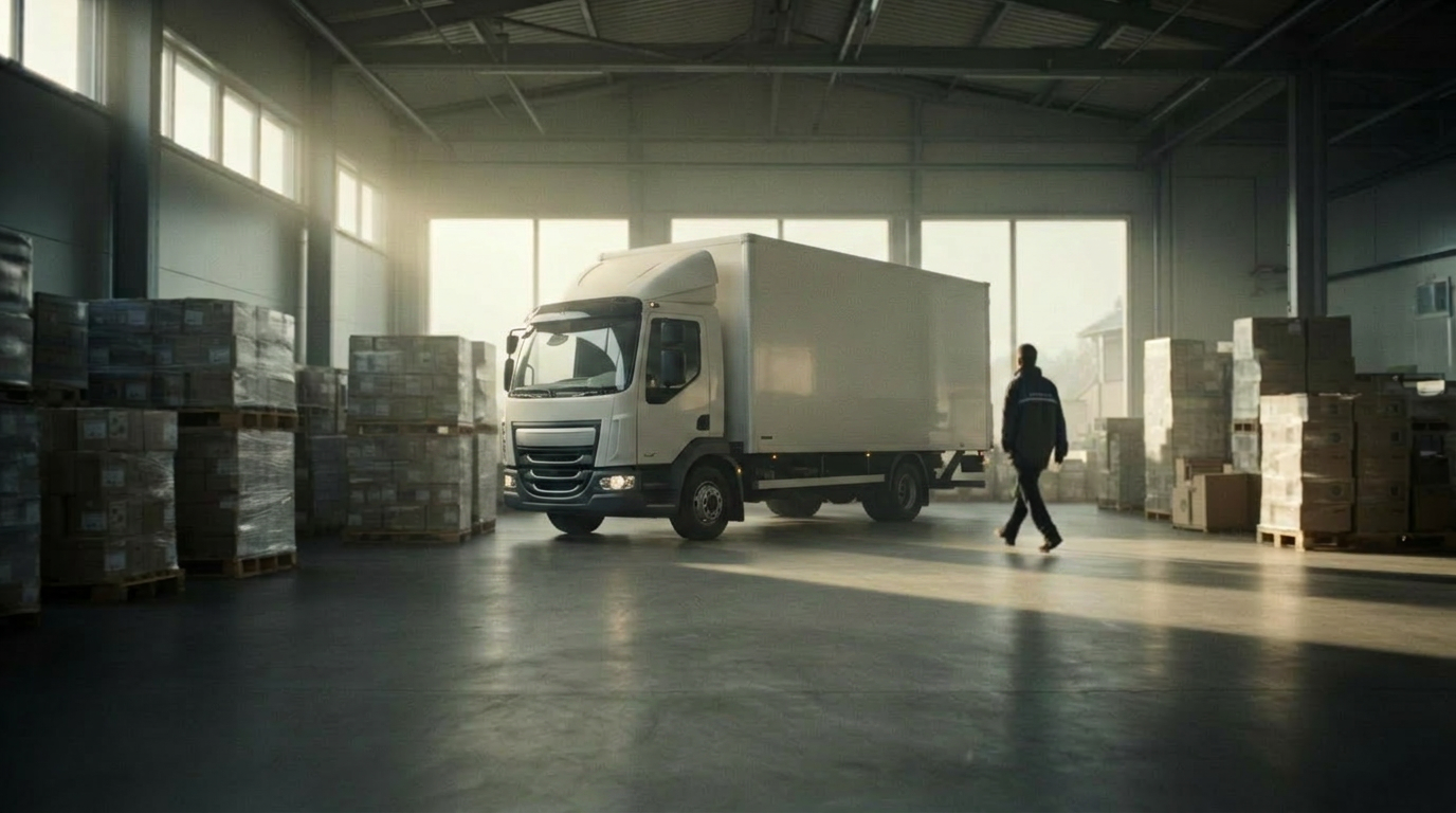 Early morning light inside a family-owned Nordic logistics hall — pallets stacked, a delivery truck waiting, one figure walking quietly across the concrete floor as another working day begins