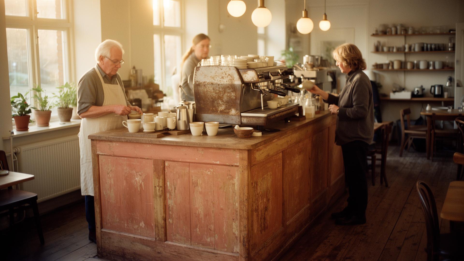 A warm independent Scandinavian café interior at golden hour with an owner serving customers behind a rustic counter