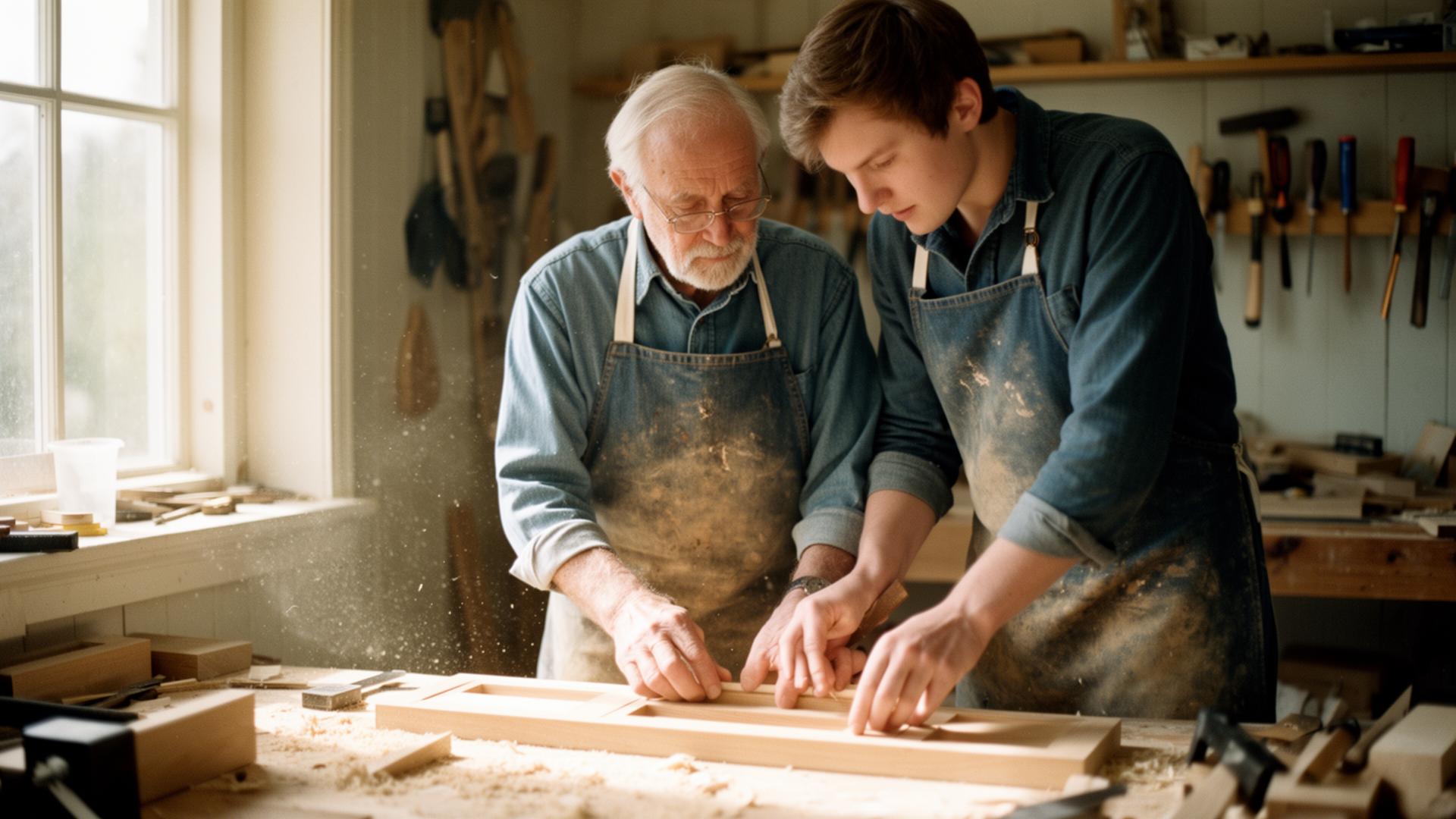 An older woodworker and a younger apprentice in a warm Scandinavian workshop, continuing a craft together