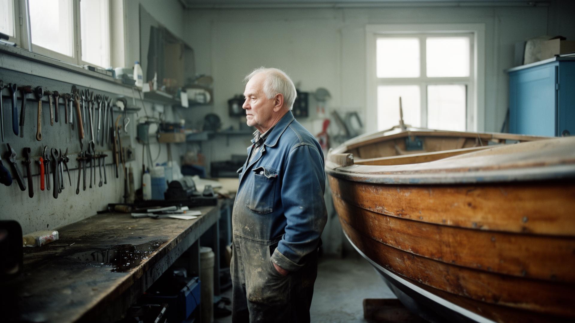 An older Finnish boat mechanic standing thoughtfully in his marine repair workshop beside a wooden hull — a real business worth continuing