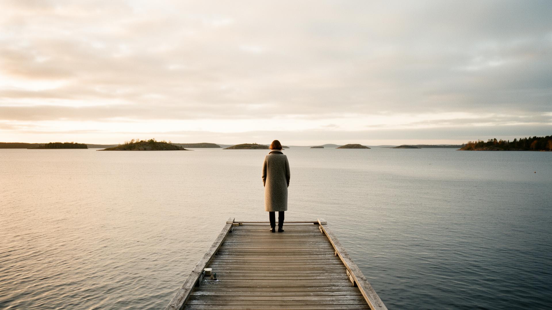 A lone figure standing at the end of a wooden pier on the Finnish archipelago, looking out across a calm sea toward distant islands